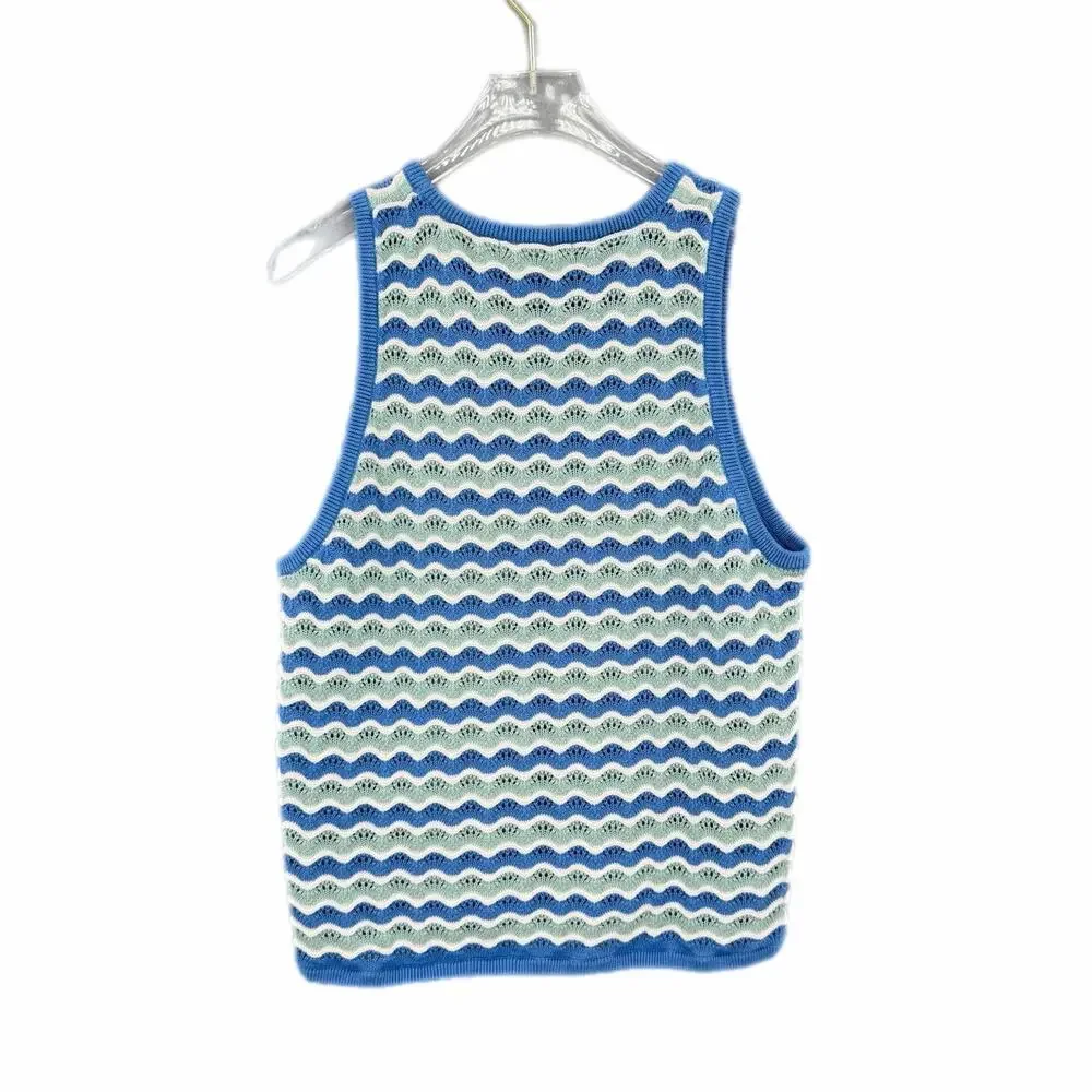 Marine Layer Blue White 100% Cotton Scalloped Wavy Knit Sleeveless Sweater Tank